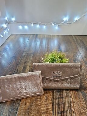 Coach Metallic Silver Wallet and Check Book Cardholder Set